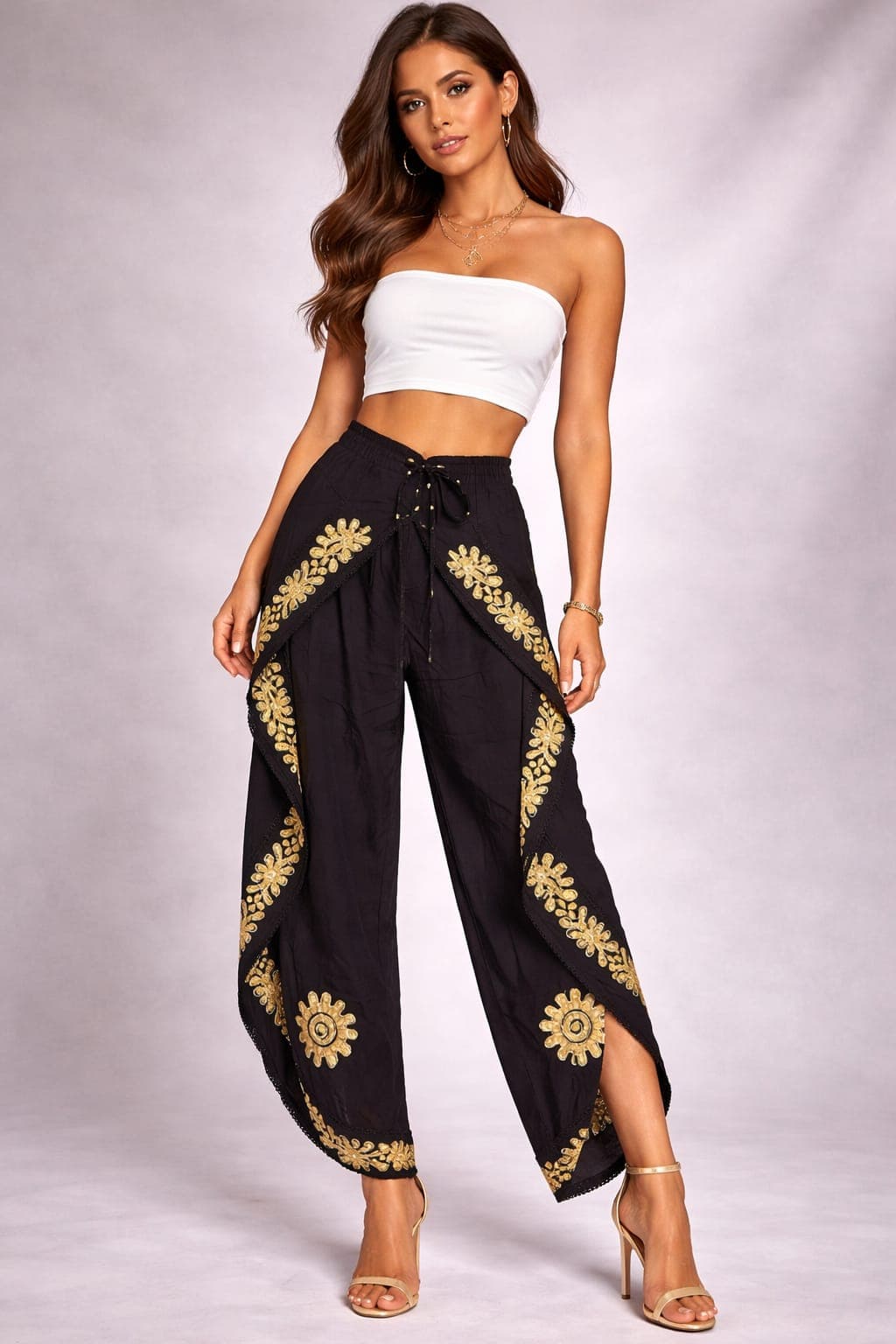 Floral Embroidered Wrap Pants
